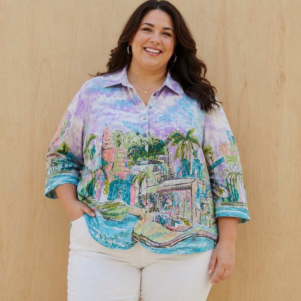 CJ Banks Womens 3X Tropical Cityscape Art Print Snap Front 3/4 Sleeve Shirt Plus